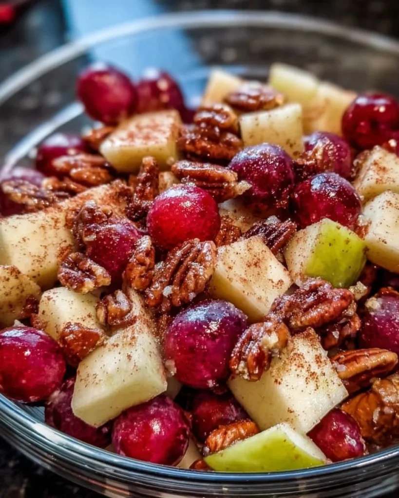 Bowl of delicious Cinnamon Apple Grape Salad with fresh fruits and cinnamon dusting.