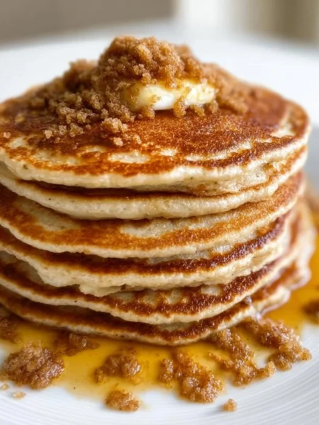 Fluffy cinnamon brown sugar pancakes stacked on a plate with syrup.