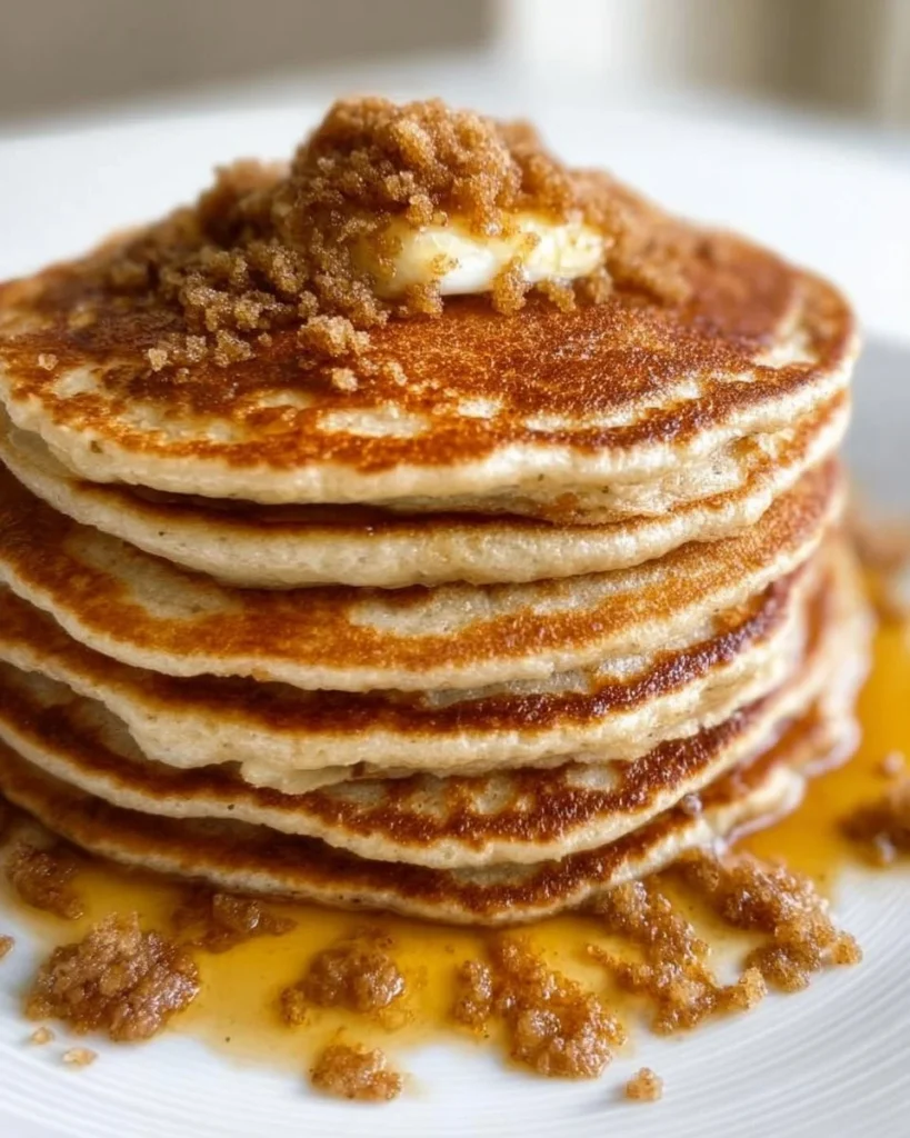 Fluffy cinnamon brown sugar pancakes stacked on a plate with syrup.