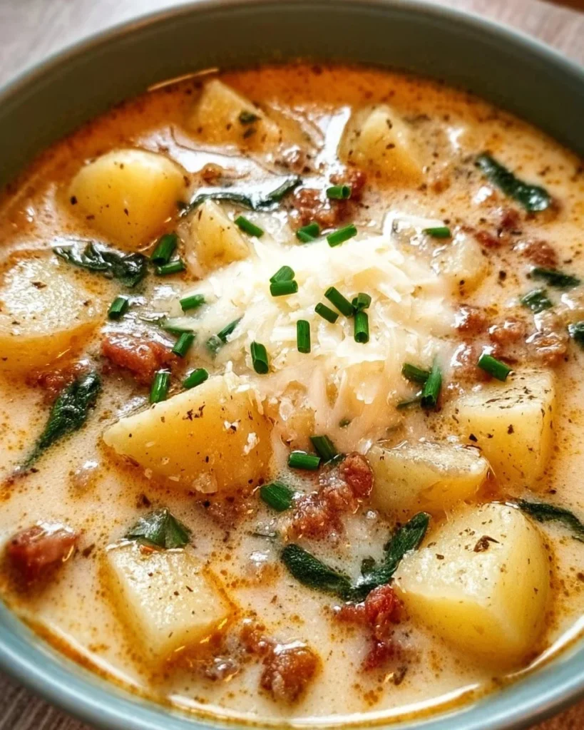 Bowl of delicious Crockpot Italian sausage potato soup garnished with herbs