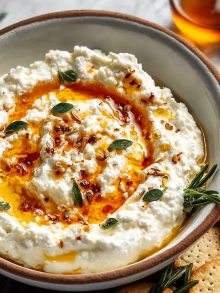 Delicious ricotta dip topped with hot honey, perfect for appetizers