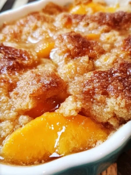 Delicious Southern peach cobbler served in a rustic dish