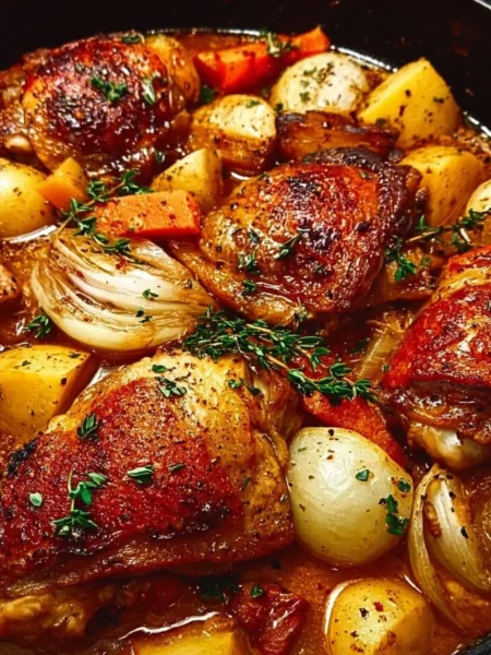 Dutch Oven Braised Chicken Thighs served on a plate with herbs and vegetables