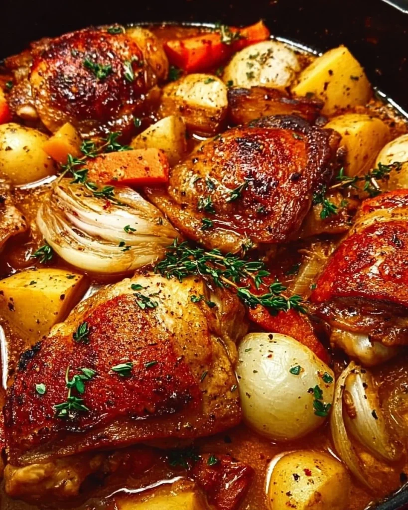 Dutch Oven Braised Chicken Thighs served on a plate with herbs and vegetables