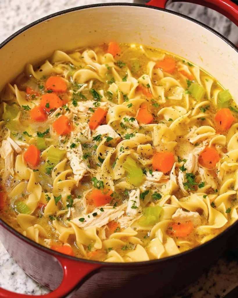 Delicious Dutch Oven Chicken Noodle Soup in a rustic pot