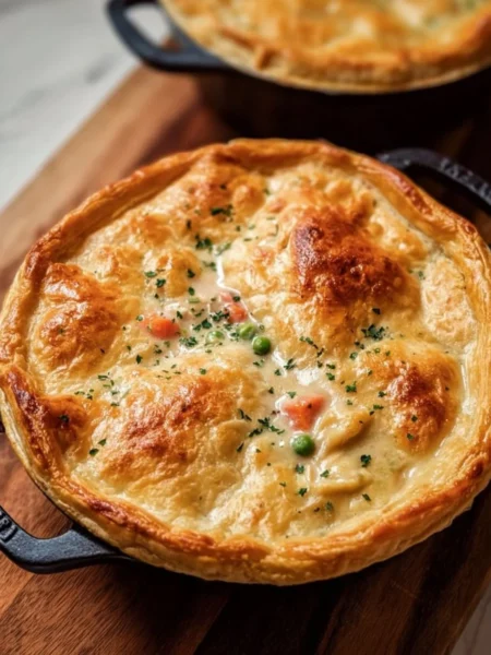 Delicious Dutch Oven Chicken Pot Pie fresh out of the oven, golden and appetizing.