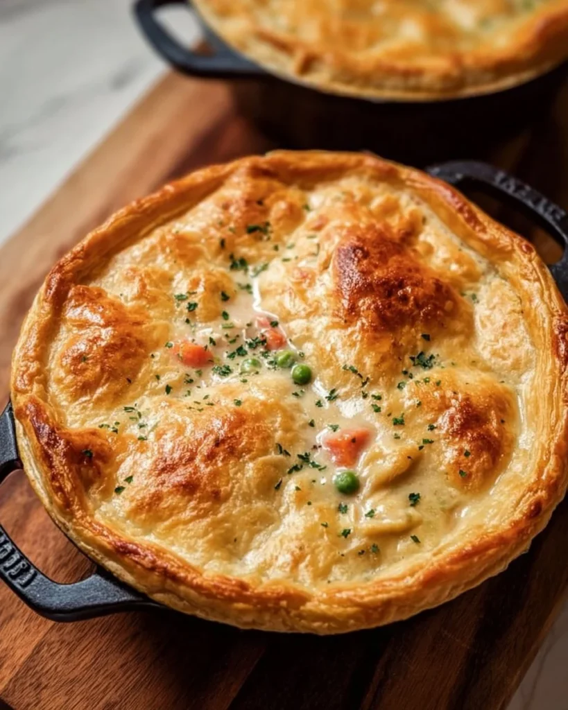 Delicious Dutch Oven Chicken Pot Pie fresh out of the oven, golden and appetizing.