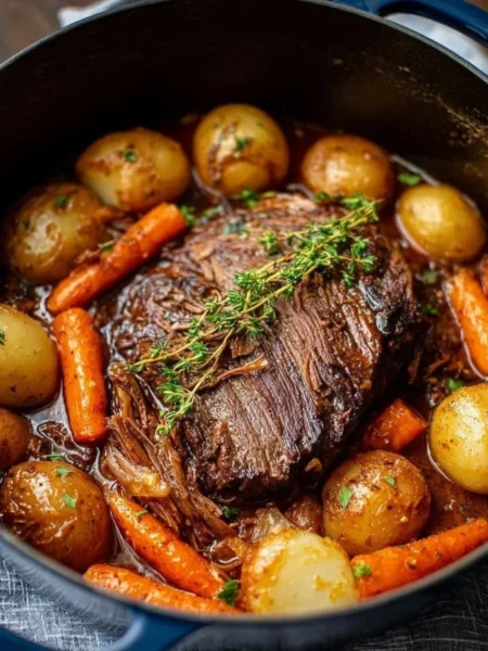 Delicious Dutch Oven Pot Roast served with vegetables and fresh herbs