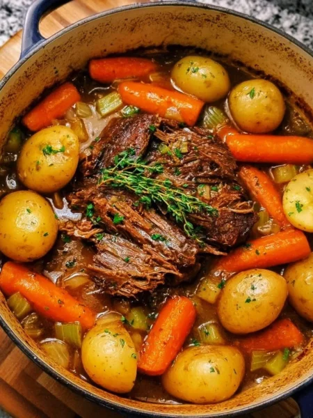 Delicious Dutch Oven Pot Roast with vegetables and herbs for a hearty meal