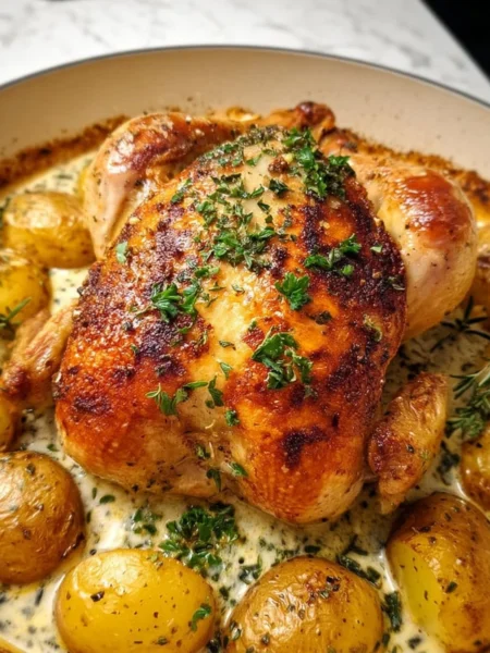 Dutch Oven Roast Chicken with herbs and vegetables, perfectly cooked and golden brown.