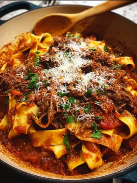 Dutch Oven Short Rib Ragu served over Pappardelle pasta in a rustic dish