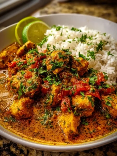 Plate of easy Brazilian coconut chicken with fresh herbs and coconut milk