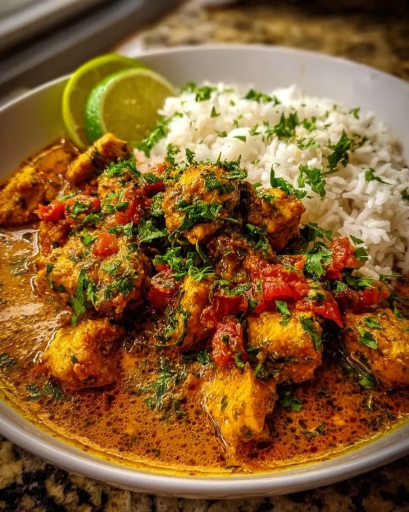 Plate of easy Brazilian coconut chicken with fresh herbs and coconut milk