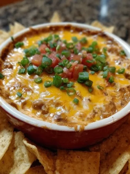 Delicious easy cheesy bean dip served in a bowl with tortilla chips
