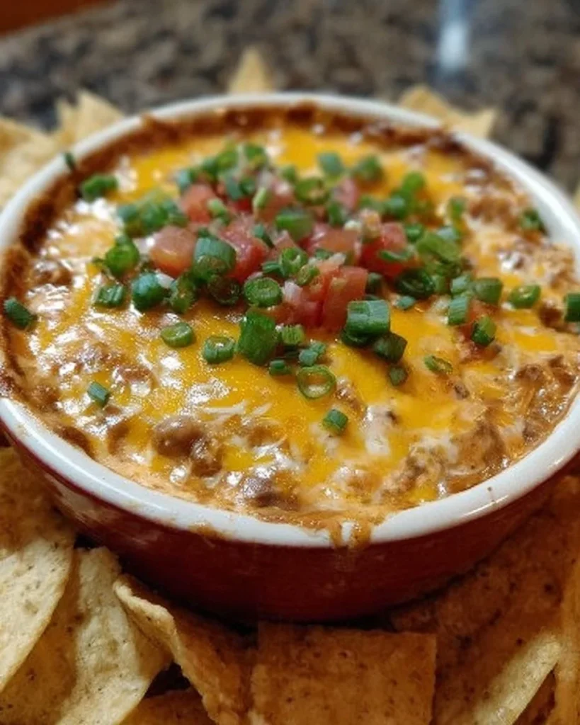 Delicious easy cheesy bean dip served in a bowl with tortilla chips