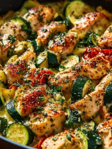 Delicious easy chicken zucchini bake with cheese and herbs in a baking dish.