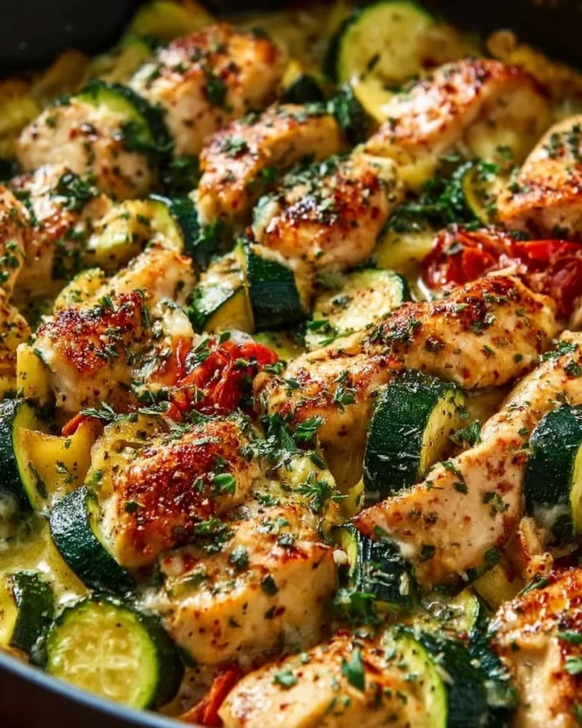 Delicious easy chicken zucchini bake with cheese and herbs in a baking dish.