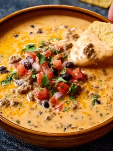 Delicious cowboy queso made in a crockpot with cheese, beans, and spices.