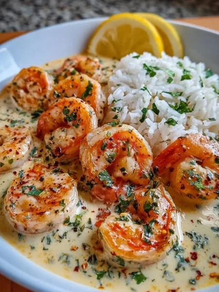 Plate of easy creamy garlic shrimp with herbs and a side of vegetables