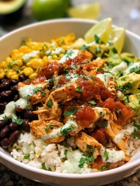 Delicious easy Crockpot Chicken Burrito Bowl with fresh ingredients in a bowl