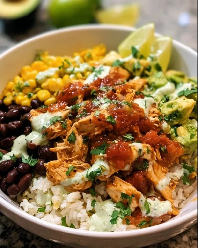 Delicious easy Crockpot Chicken Burrito Bowl with fresh ingredients in a bowl