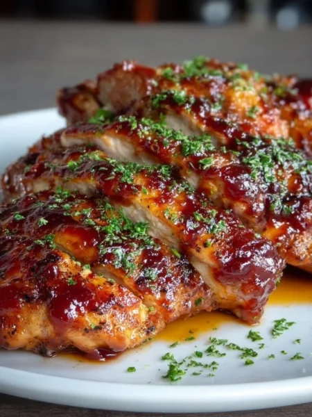 Delicious Easy Crockpot Chicken with Sweet BBQ Sauce served on a plate