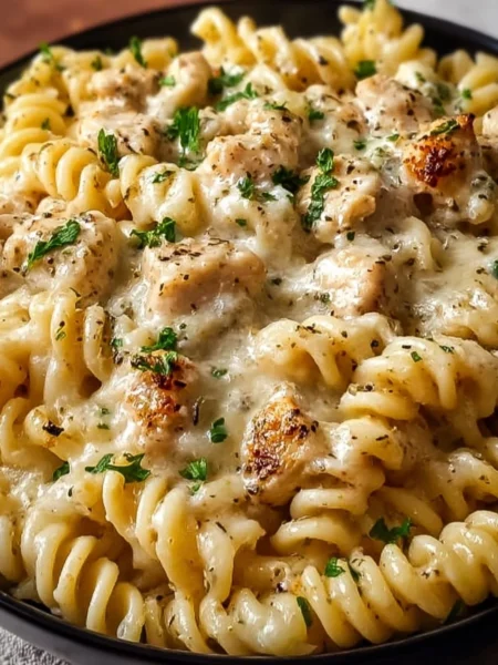 Crockpot Garlic Parmesan Chicken Pasta served in a rustic bowl