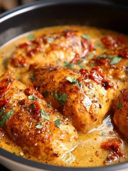 Delicious Easy Crockpot Marry Me Chicken served in a bowl with herbs