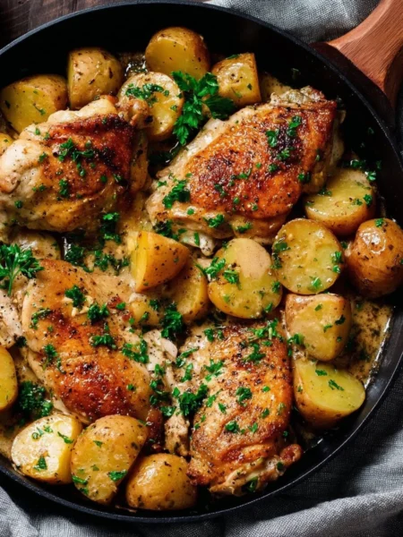 Easy Dutch Oven Chicken with Potatoes meal preparation in a rustic setting.