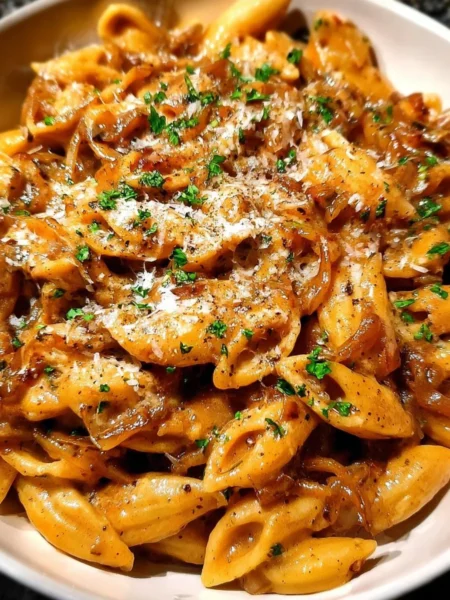 Delicious bowl of Easy French Onion Pasta topped with cheese and herbs