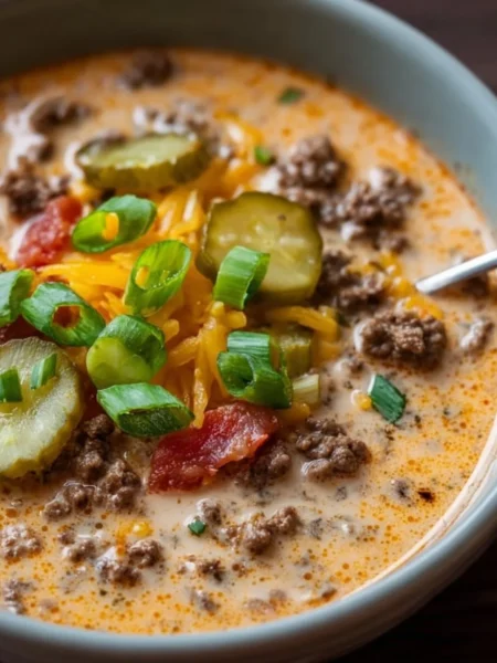 Bowl of Easy Keto Cheeseburger Soup topped with cheese and herbs