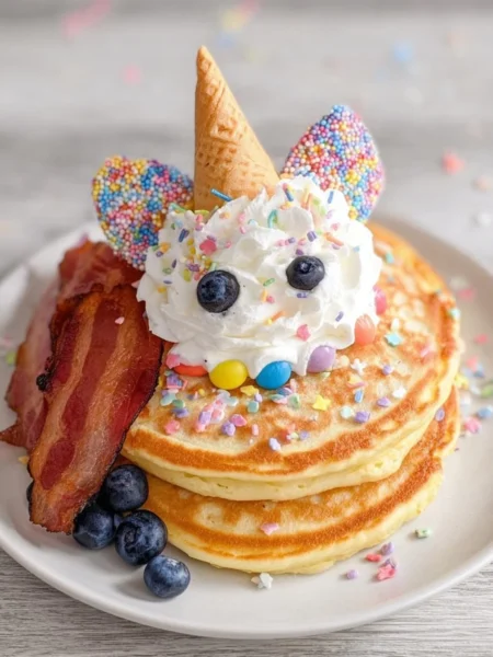 Colorful easy kid-friendly unicorn pancakes stacked on a plate