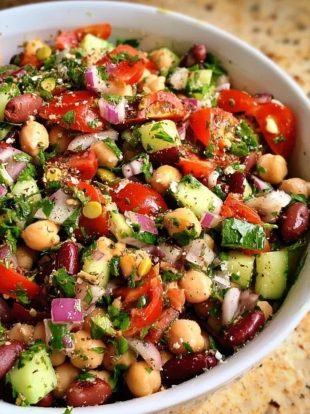 Bowl of colorful Mediterranean Bean Salad with fresh vegetables and herbs