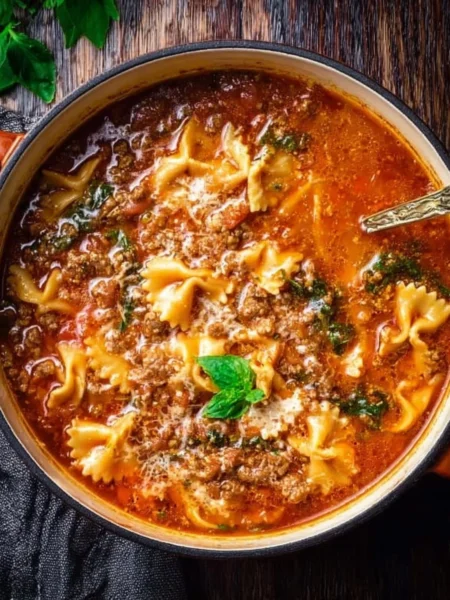 Delicious Easy One Pot Lasagna Soup served in a bowl with cheese and parsley