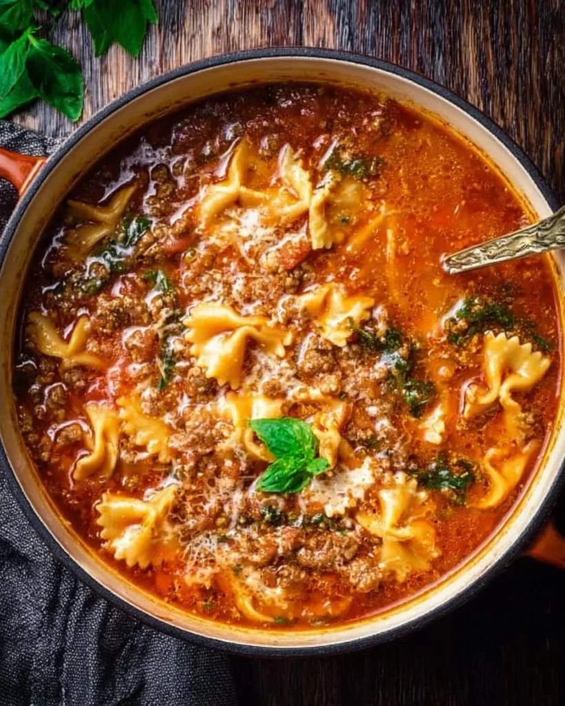 Delicious Easy One Pot Lasagna Soup served in a bowl with cheese and parsley
