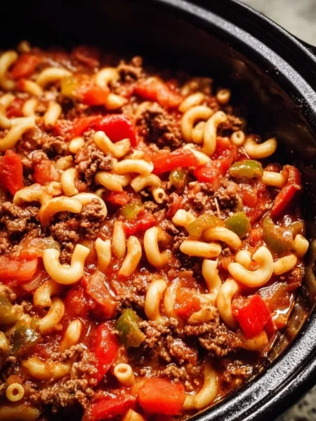 Delicious slow cooker goulash served in a bowl with fresh herbs