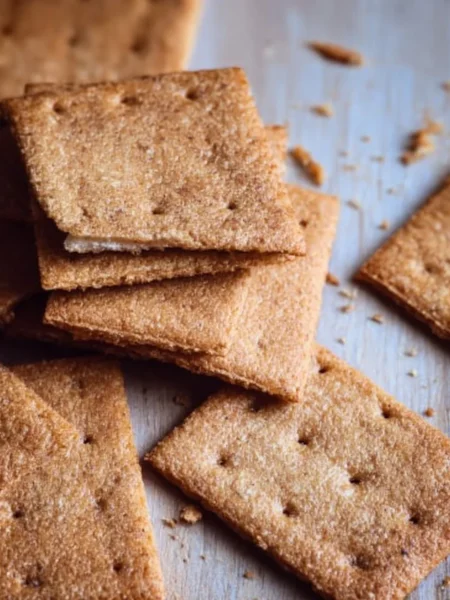 Homemade sourdough graham crackers on a wooden surface