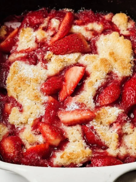 Easy strawberry cobbler fresh out of the oven, served in a dish.