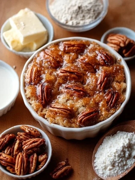 Delicious easy Thanksgiving pecan cobbler dessert served warm with ice cream.