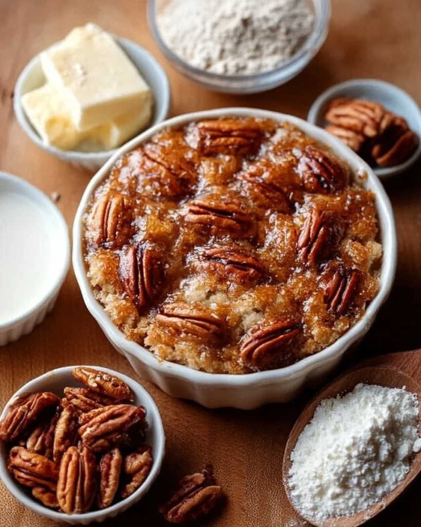Delicious easy Thanksgiving pecan cobbler dessert served warm with ice cream.