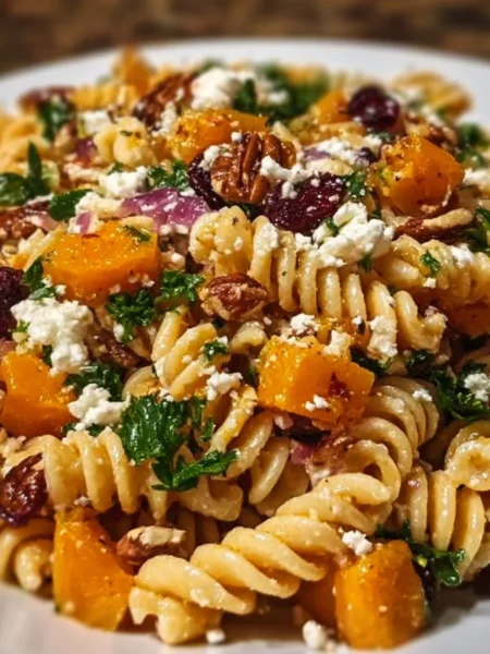 Colorful Fall Harvest Pasta Salad with seasonal vegetables and dressing