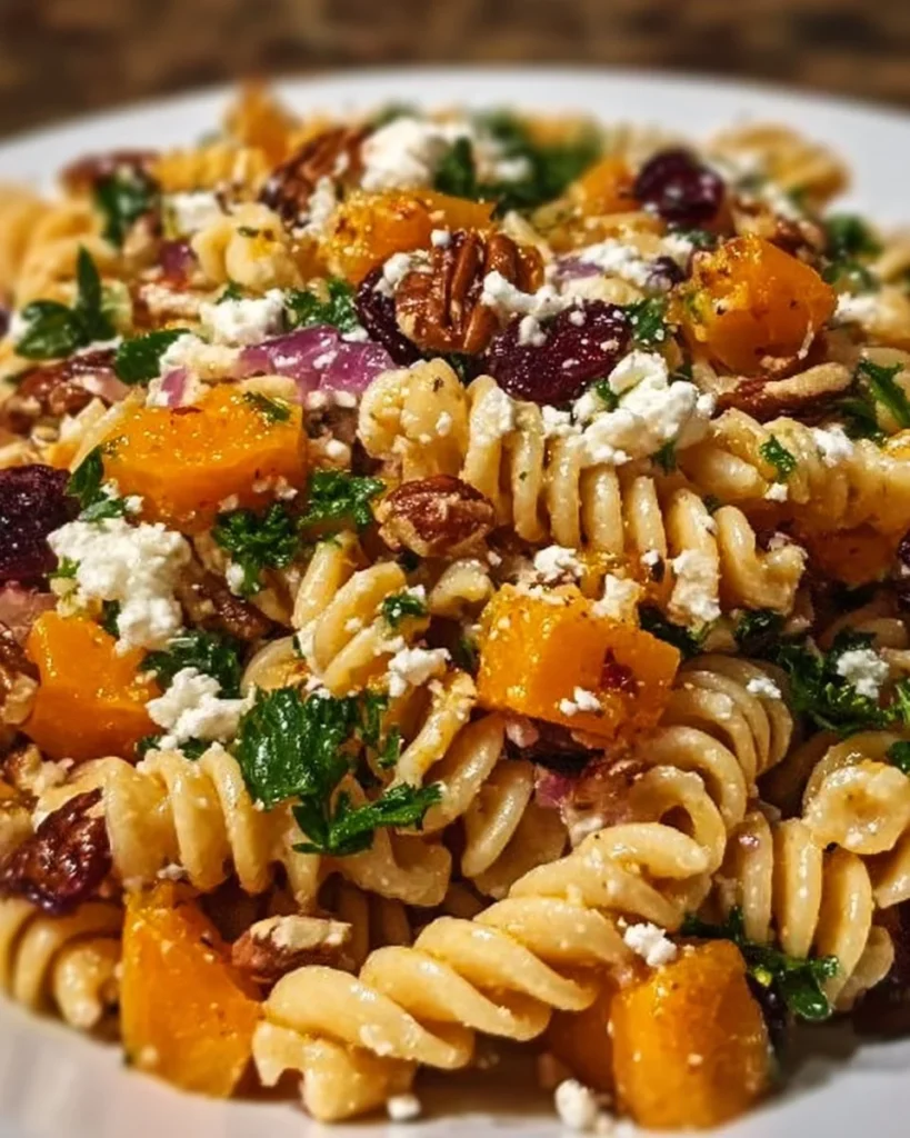 Colorful Fall Harvest Pasta Salad with seasonal vegetables and dressing