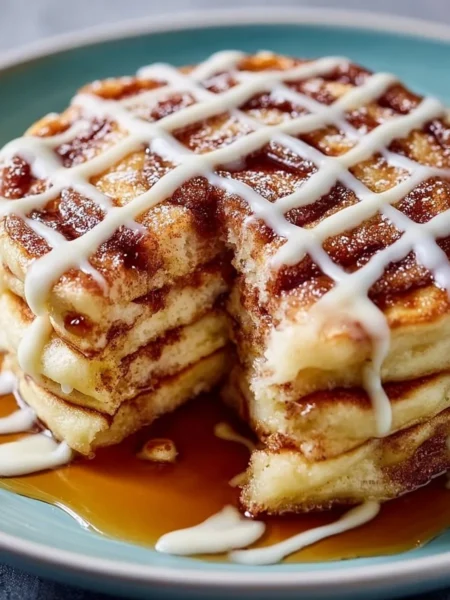 Fluffiest cinnamon roll pancakes stacked with icing drizzle