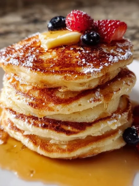 Fluffy 3 ingredient classic pancakes stacked on a plate