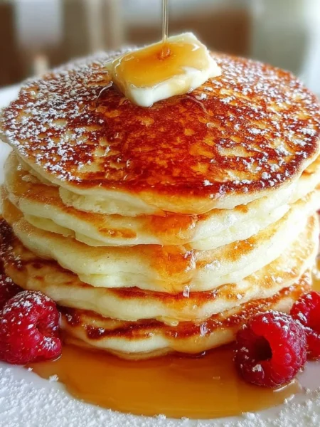 Fluffy buttermilk pancakes stacked and drizzled with syrup on a plate