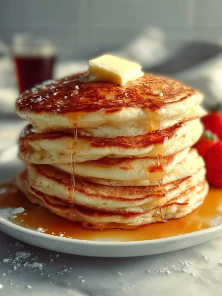 Fluffy and moist pancakes served on a plate with syrup and berries