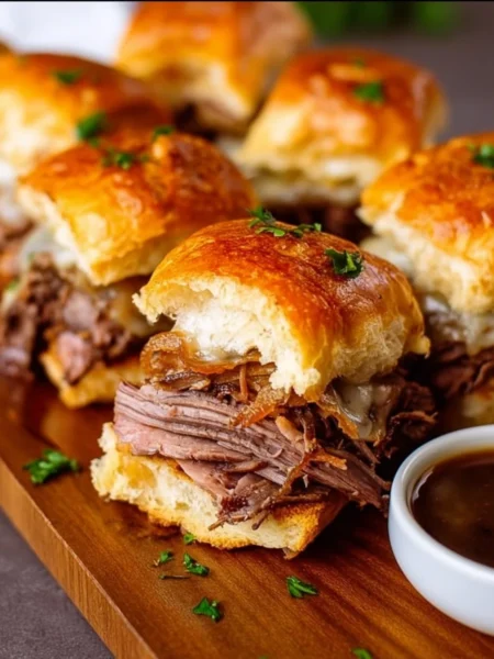 French Dip Sliders with tender beef and au jus served on slider buns