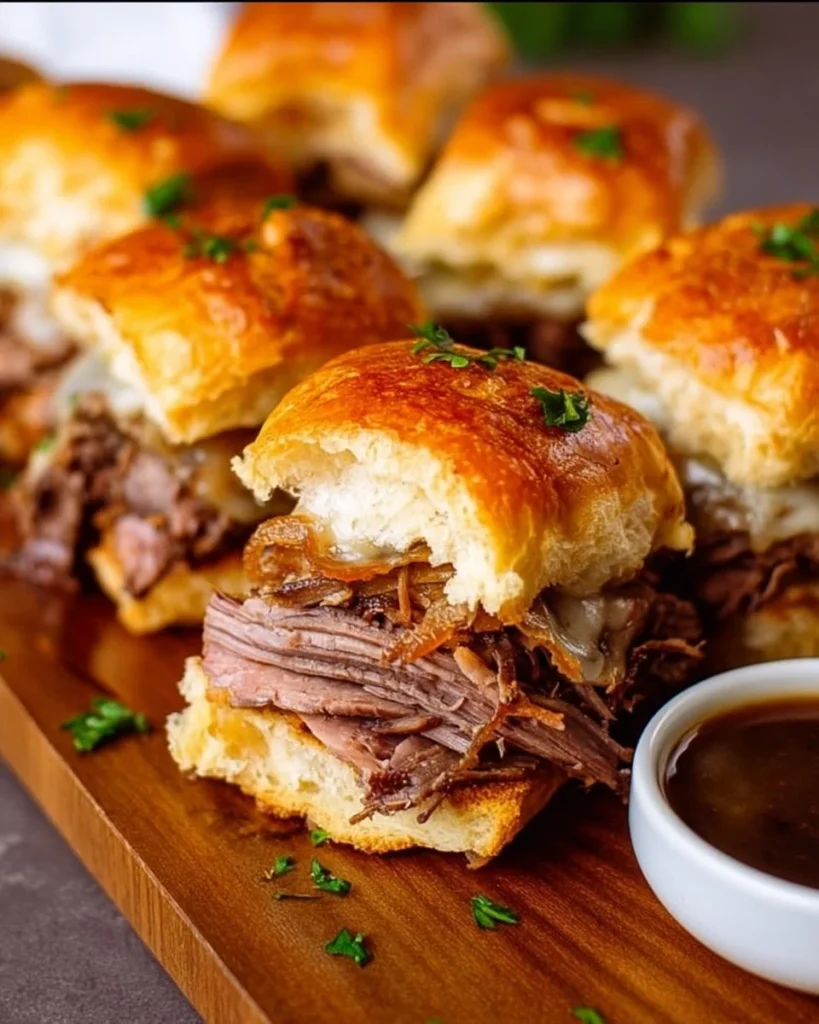 French Dip Sliders with tender beef and au jus served on slider buns