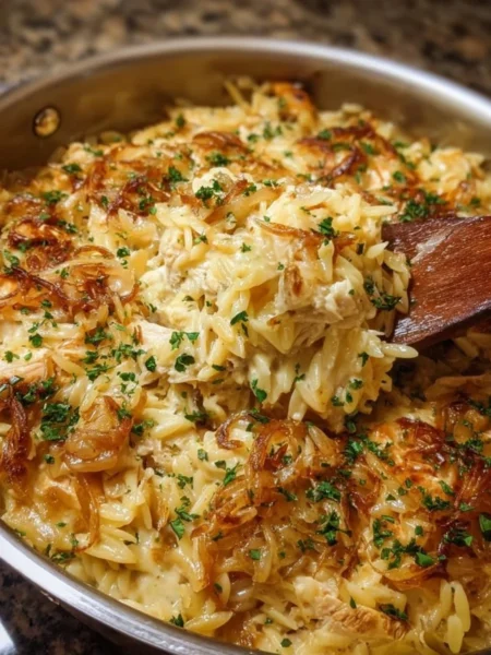 A delicious serving of French Onion Chicken Orzo Casserole topped with melted cheese.