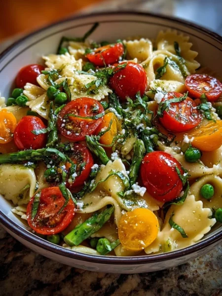 Delicious Fresh Spring Pasta Salad with colorful vegetables and herbs